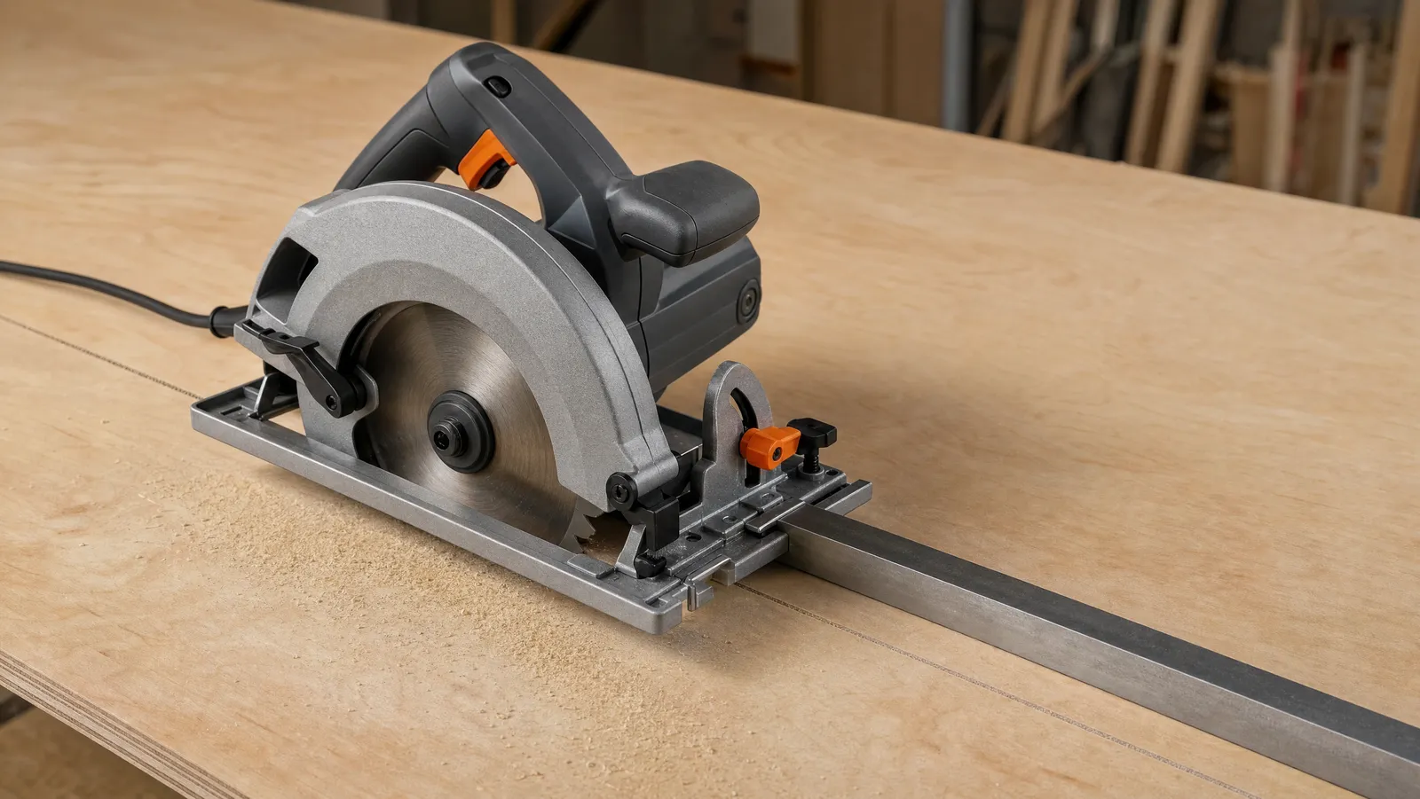 A circular saw positioned at the start of a marked cut line on a sheet of plywood beside a metal straightedge guide