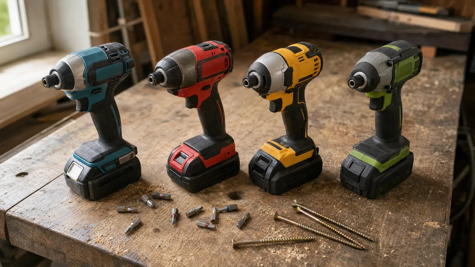 Four cordless impact drivers lined up on a wooden workbench with hex driver bits and construction screws