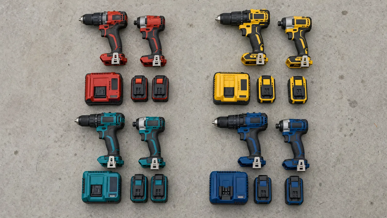 Four cordless drill and impact driver combo kits from competing brands laid out with their own batteries and chargers