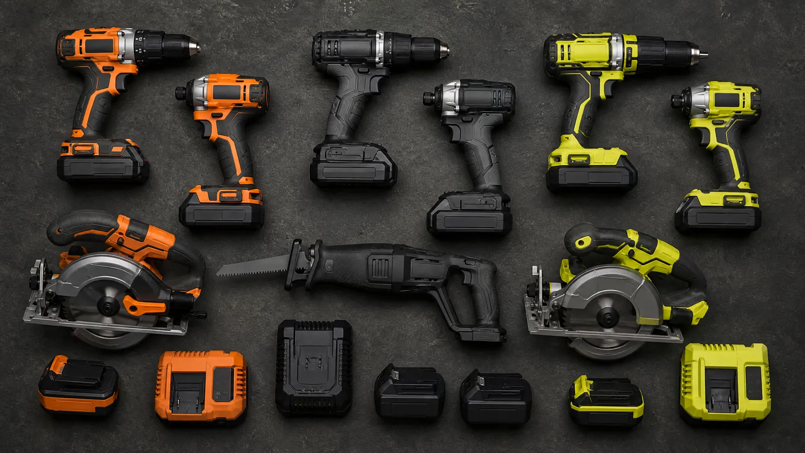 Several cordless power tool combo kits with drills, saws and batteries laid out on a workbench