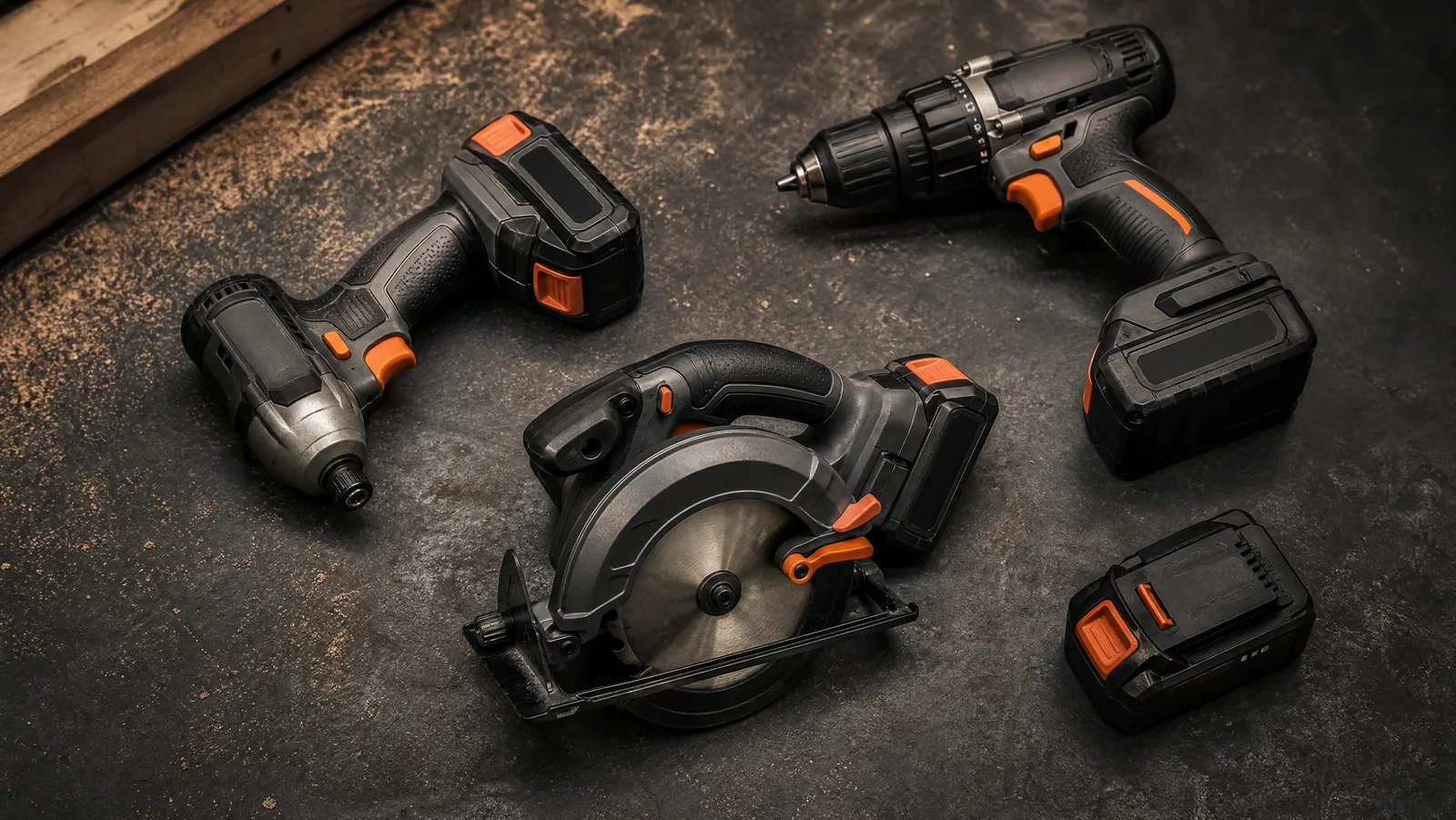 A flat-lay of cordless power tools — drill, impact driver, circular saw and batteries — on a workbench