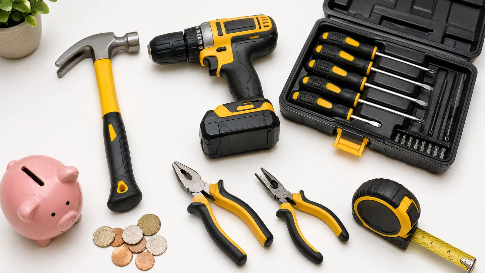 An affordable starter DIY tool kit laid out on a workbench