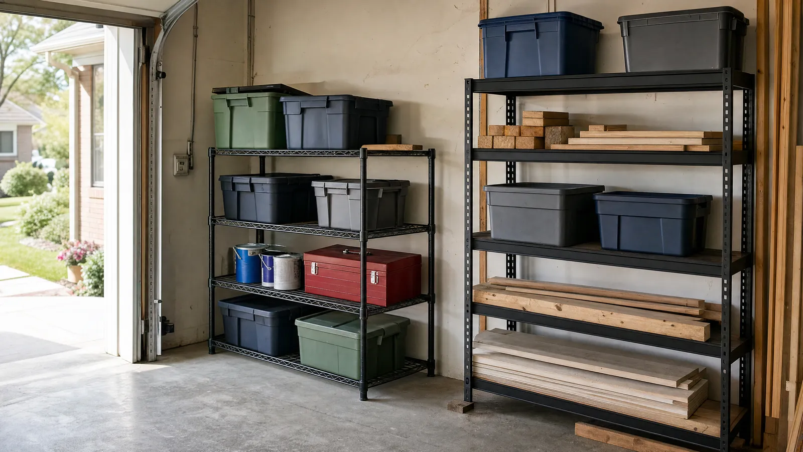 A black four-shelf steel wire rack holding labelled storage totes and paint cans beside a taller powder-coated steel shelving unit of bins and lumber offcuts, both shallow enough to leave clear walking space on the garage slab