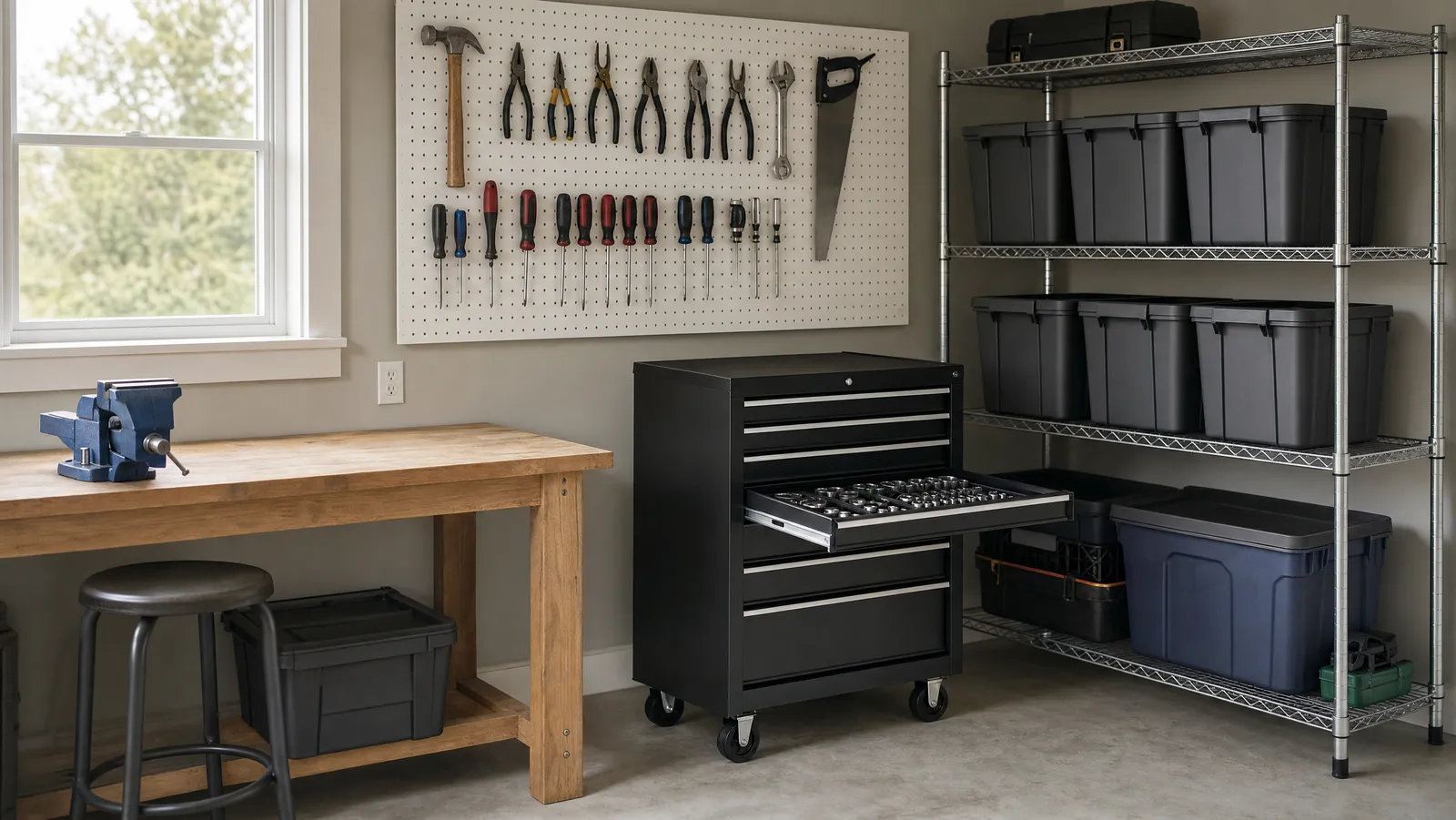 A tidy home garage workshop with hand tools hung on a pegboard wall, a black rolling tool chest with one drawer open, steel shelving of storage bins and a wooden workbench