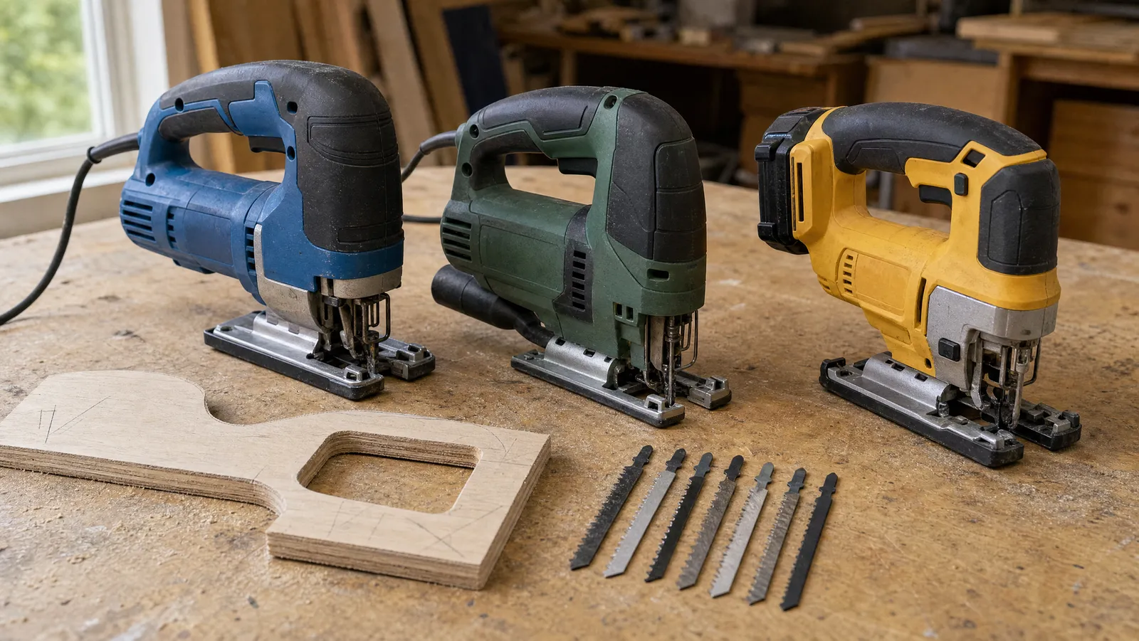 Three jigsaws lined up on a plywood workbench beside an offcut with an S-curve and a rectangular sink cutout, and a fan of T-shank blades in different tooth counts
