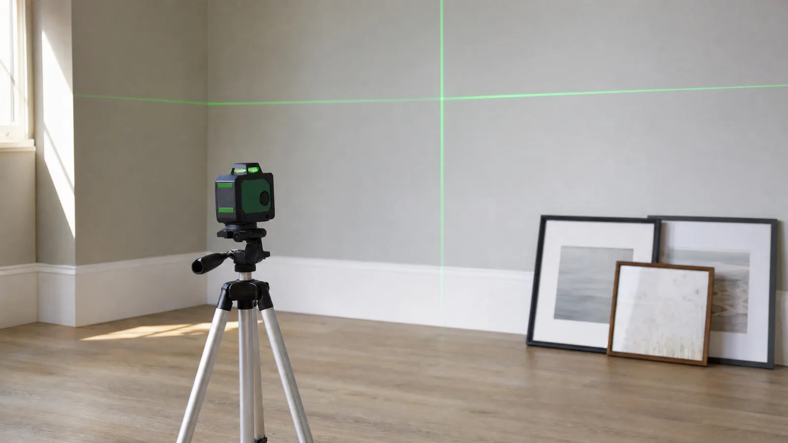 A green cross-line laser level on a tripod projecting level lines across a wall ready for hanging pictures