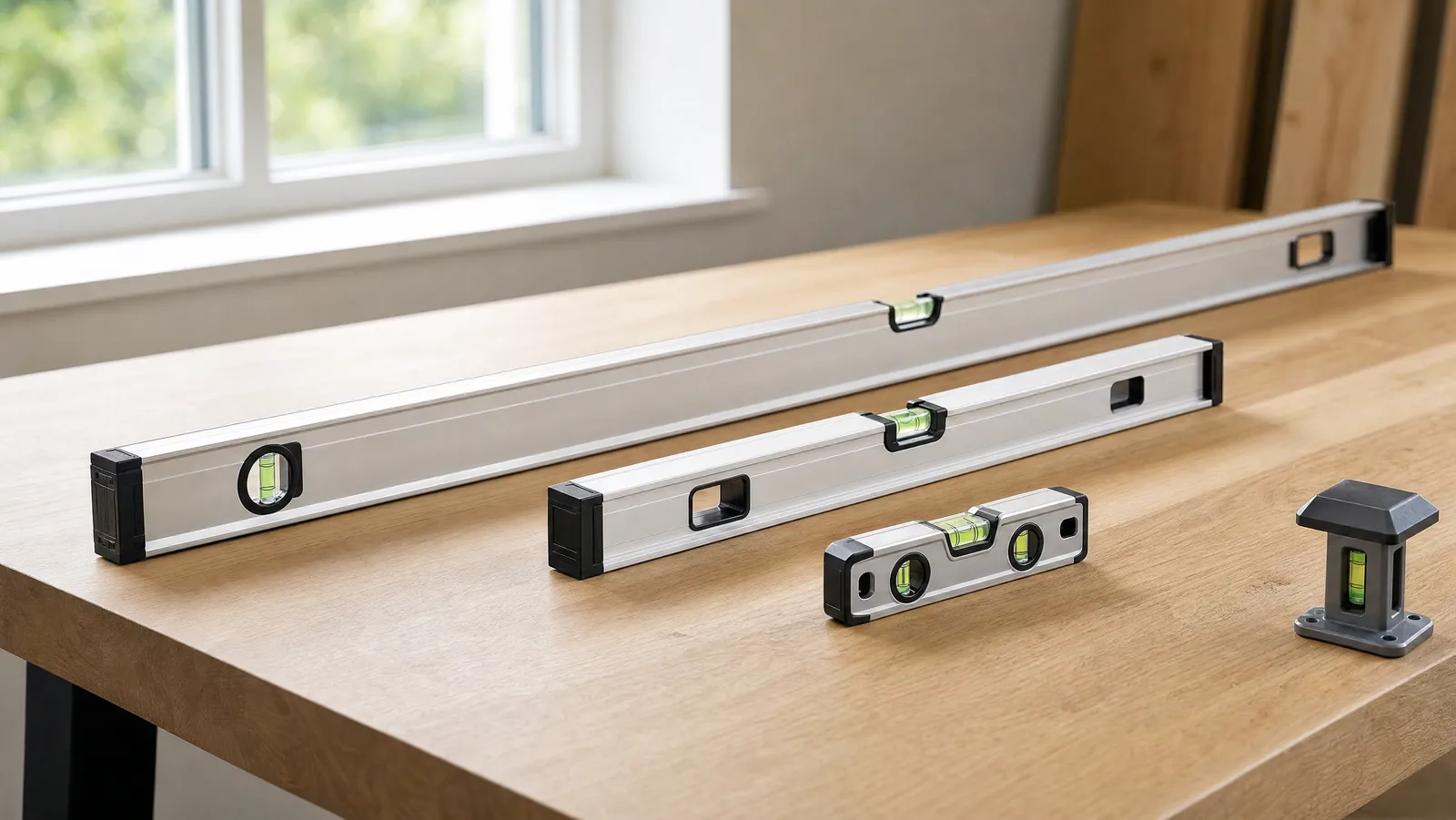A 48-inch box level, a 24-inch box level, a torpedo level and a post level laid out by length on a workbench