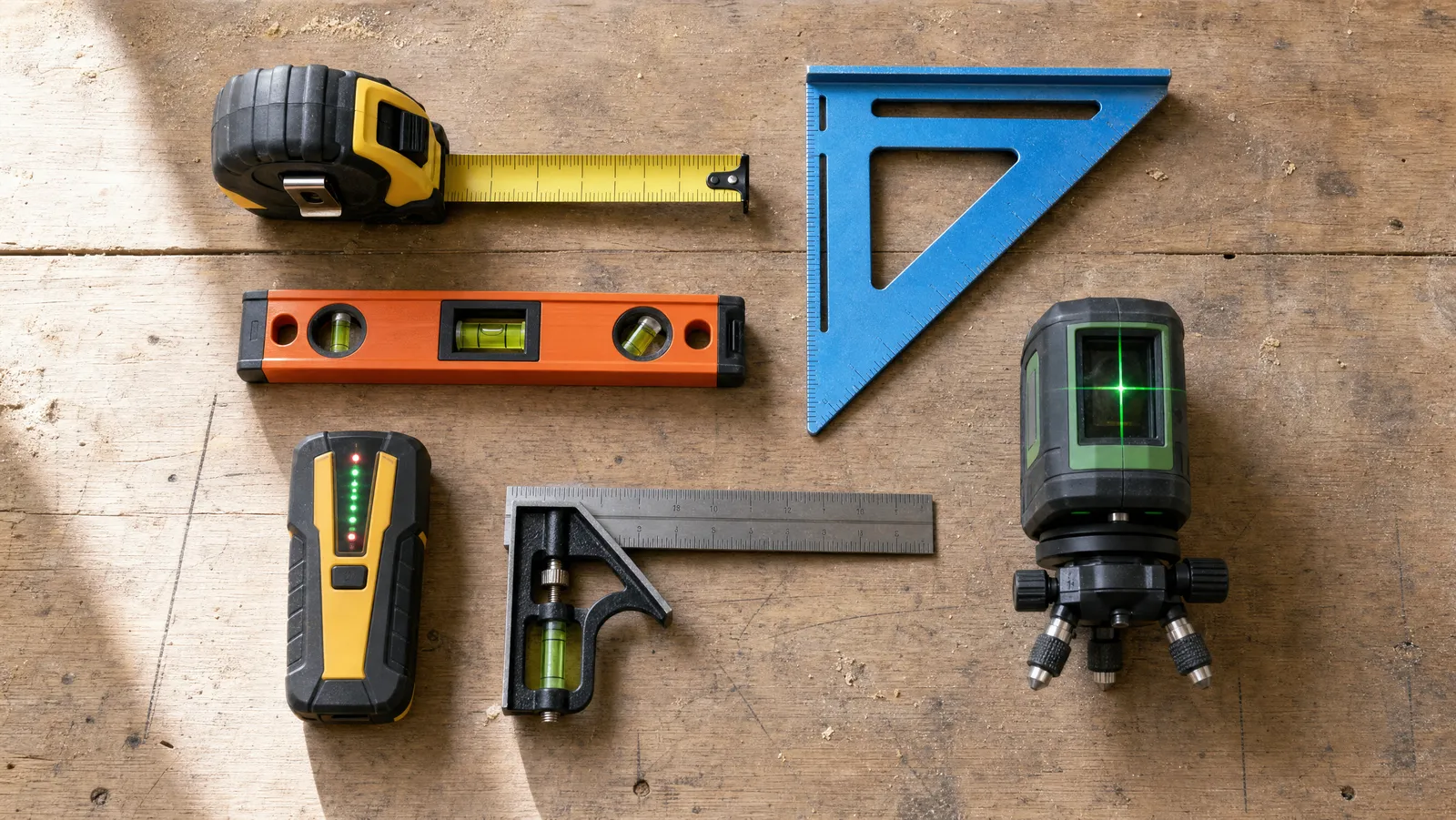 A flat-lay of measuring and layout tools — tape measure, speed square, torpedo level, laser level and stud finder — on a wooden workbench