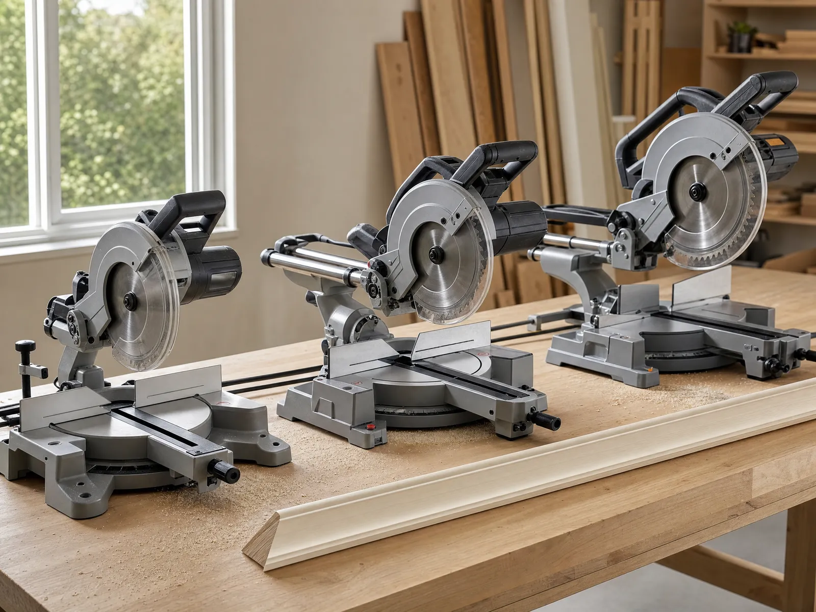Three compound miter saws lined up on a workbench, a compact 10-inch model, a 10-inch sliding saw with its rails extended and a larger 12-inch saw, beside a length of baseboard with a mitered end