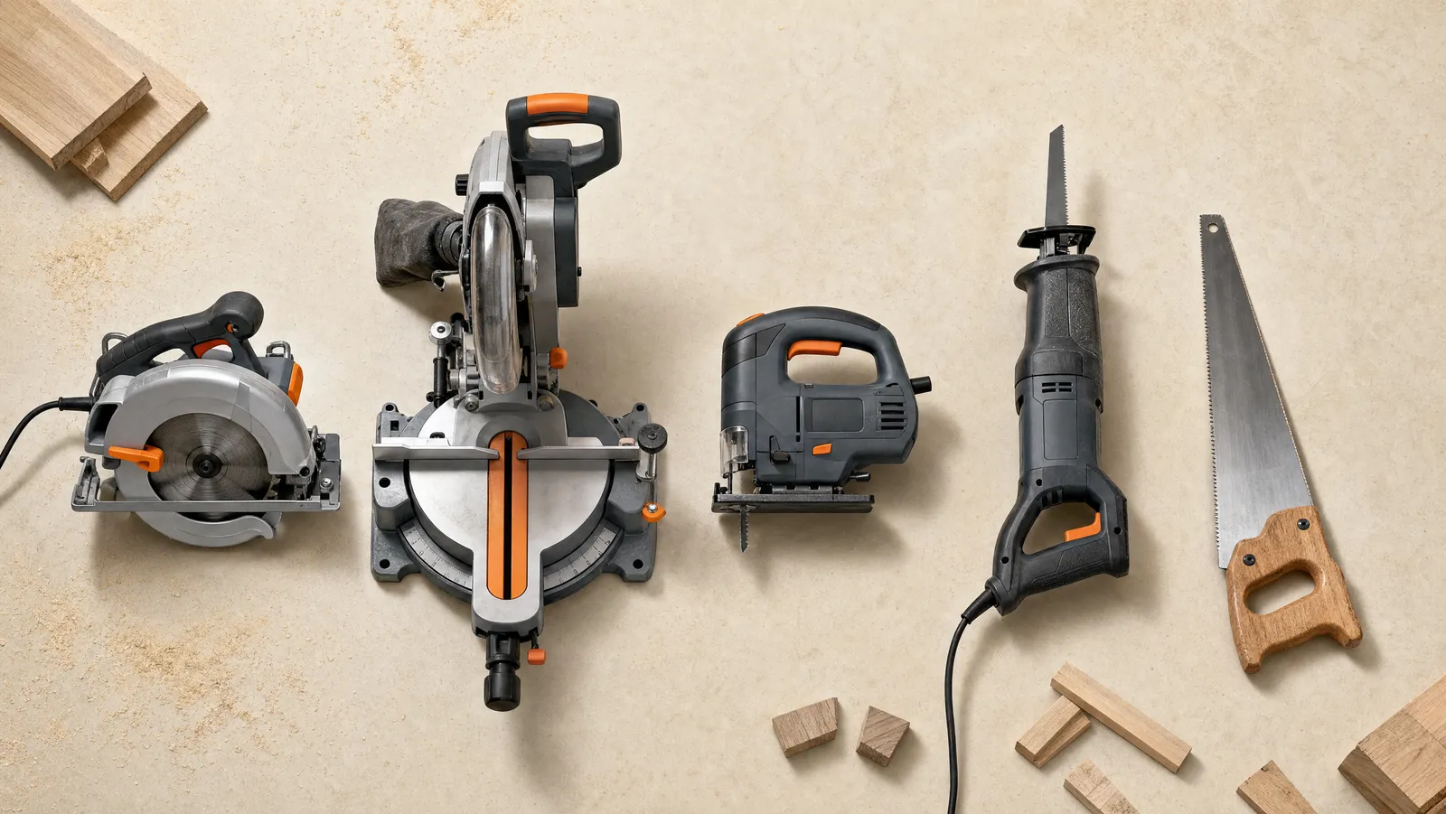Five DIY saws laid out in a row on a workbench: circular saw, miter saw, jigsaw, reciprocating saw and hand saw