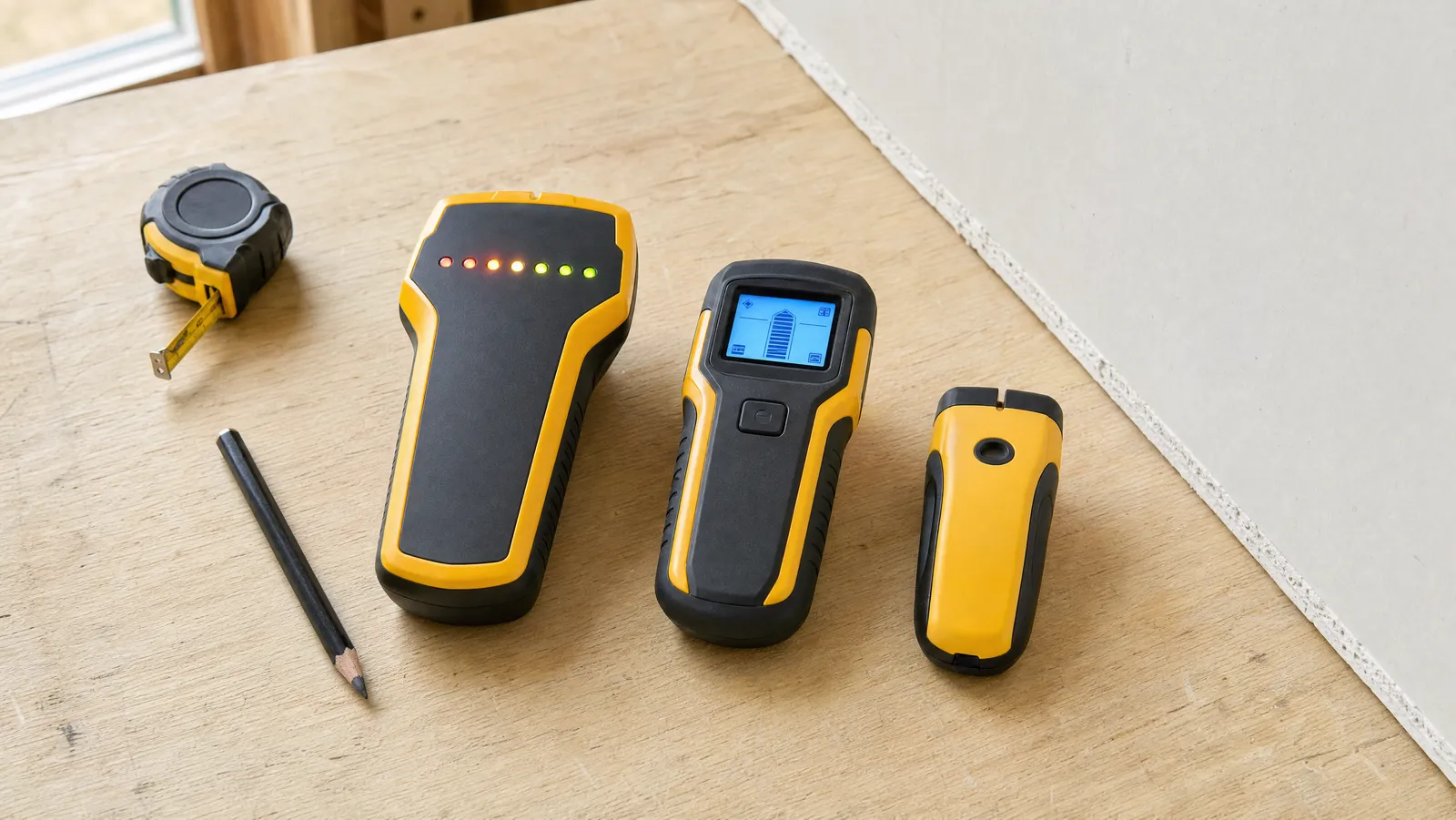 Several electronic stud finders laid out on a workbench beside a section of drywall