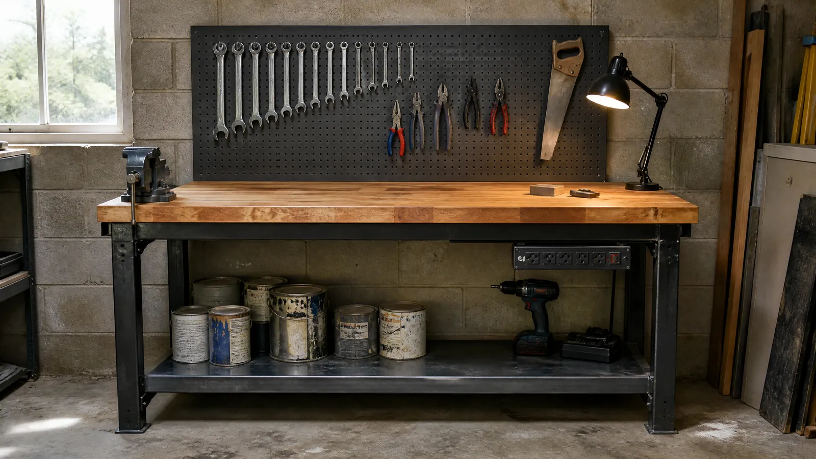 A steel-framed garage workbench with a thick wooden top against a concrete block wall, tools hanging on the pegboard behind it and paint cans on the lower shelf