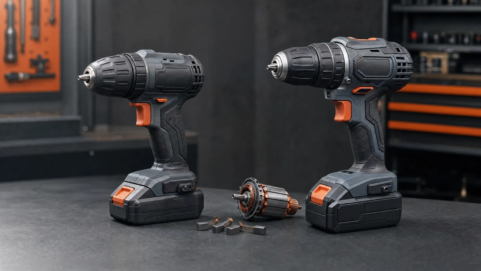 A brushed and a brushless cordless drill side by side on a workbench with motor brushes and a rotor between them