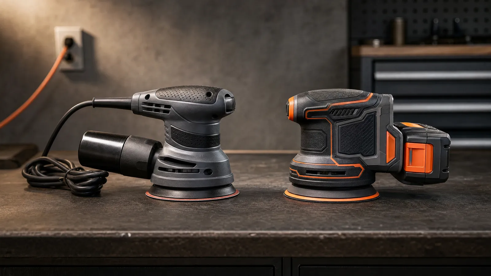 A corded sander with its cable coiled beside a battery-powered cordless sander on a workbench
