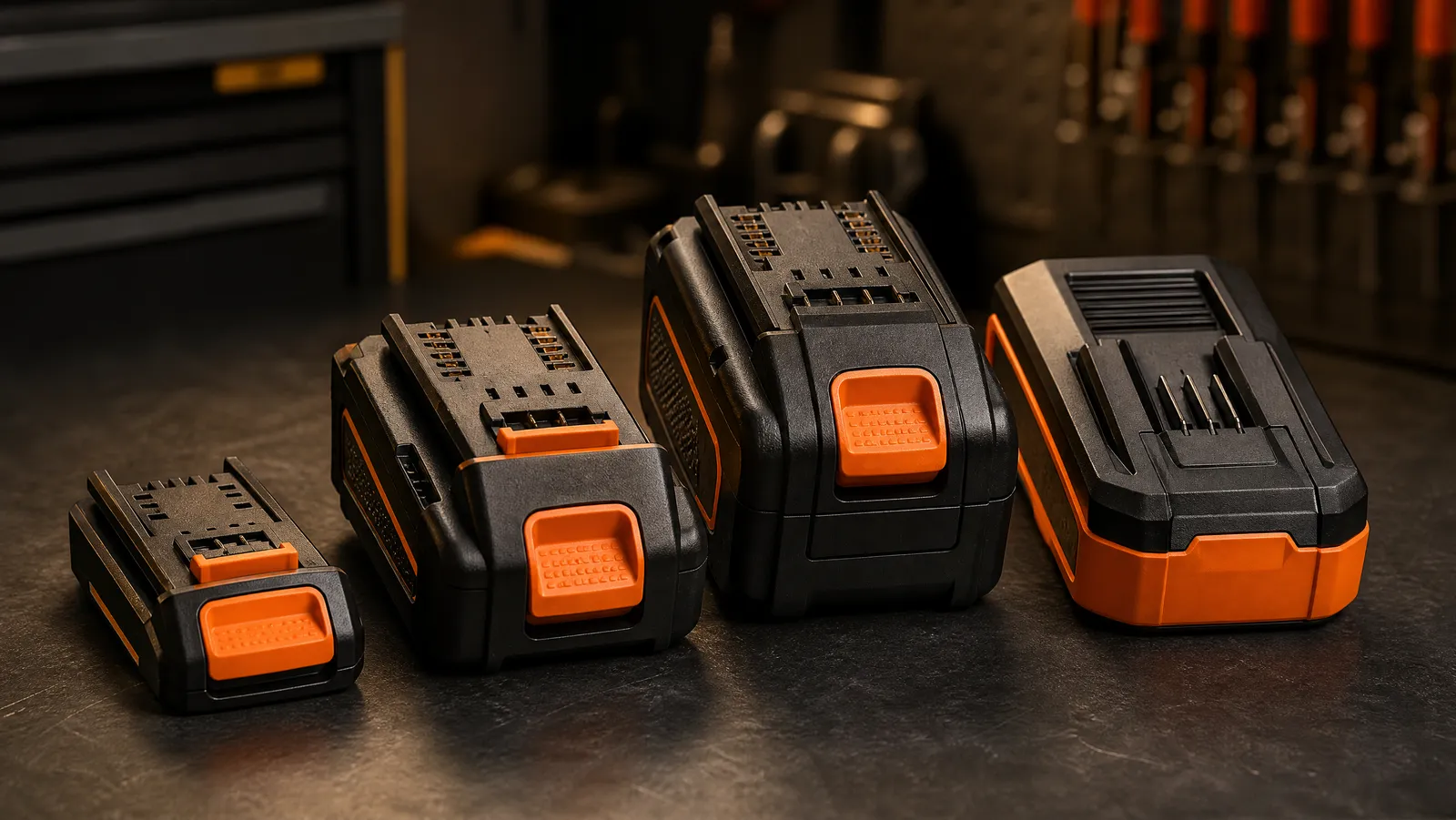 Lithium-ion cordless power tool battery packs of different amp-hour sizes beside a charger on a workbench
