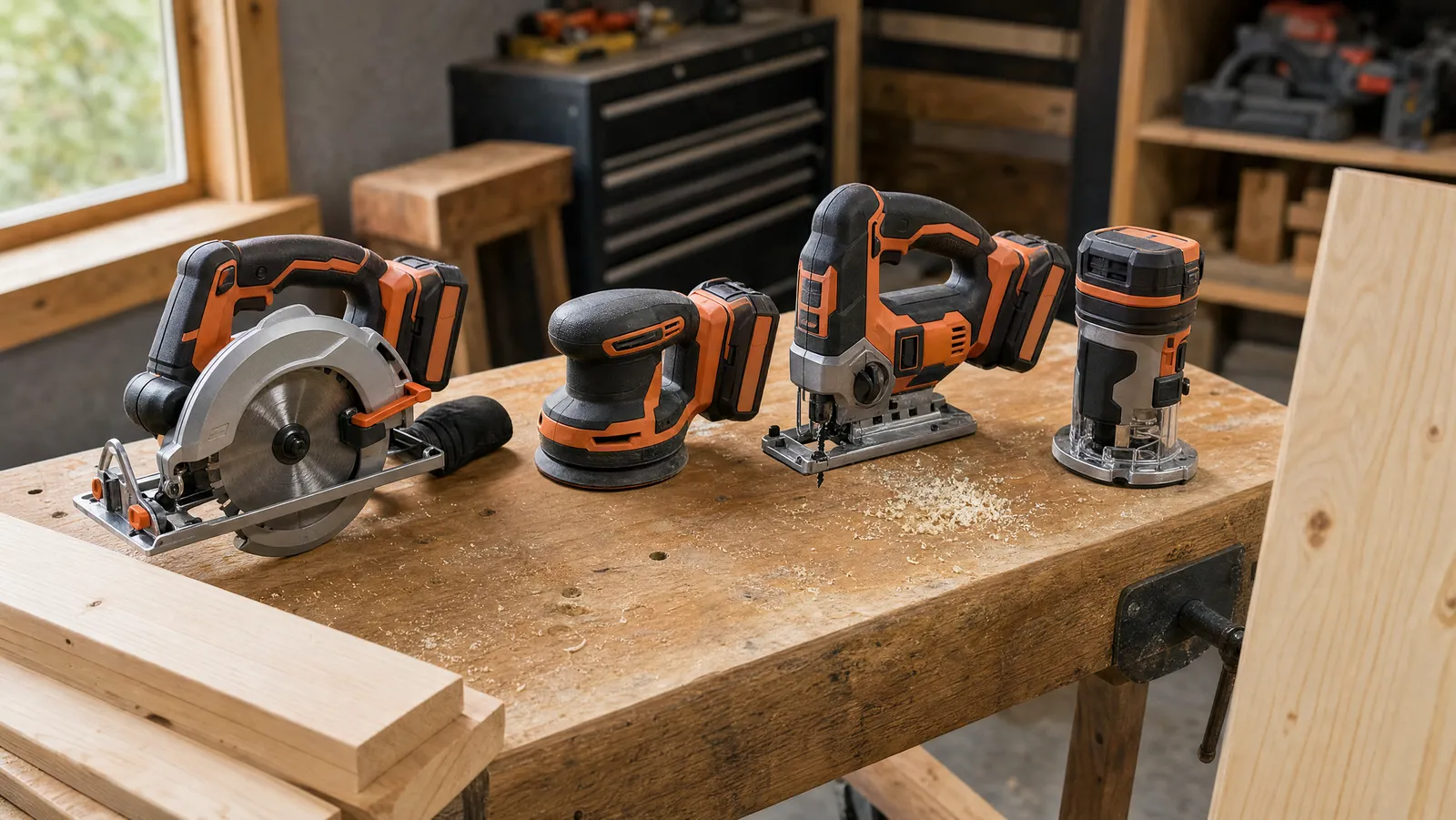 A cordless circular saw, sander, jigsaw and compact router laid out on a woodworking bench with pine boards