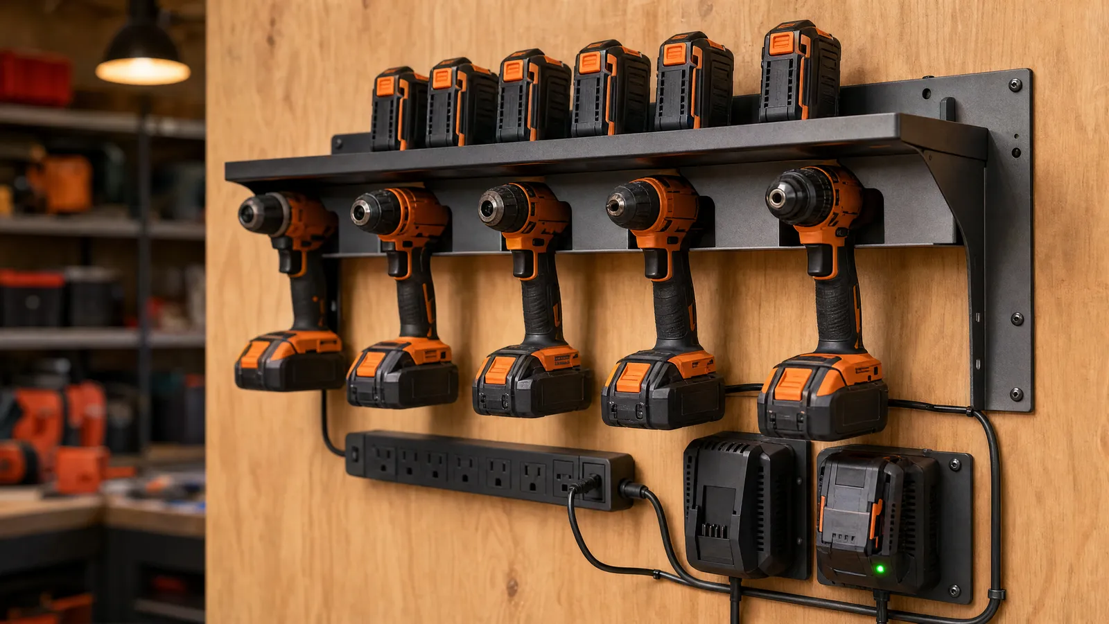 A wall-mounted garage rack holding four cordless drills, spare battery packs and two chargers