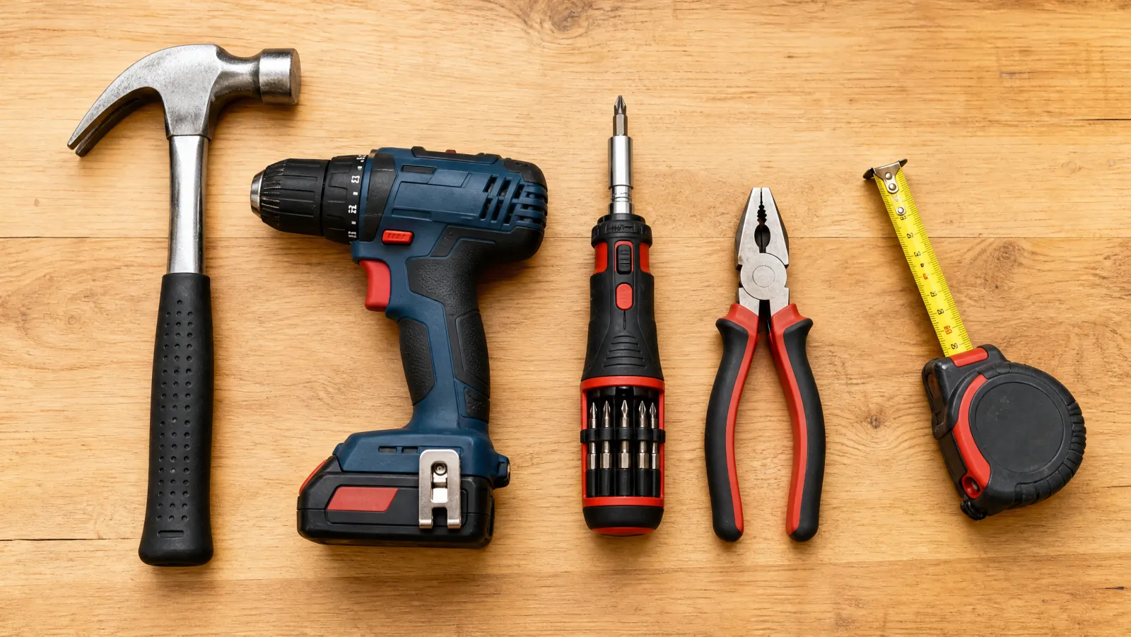 A flat-lay of essential DIY hand and power tools on a workbench