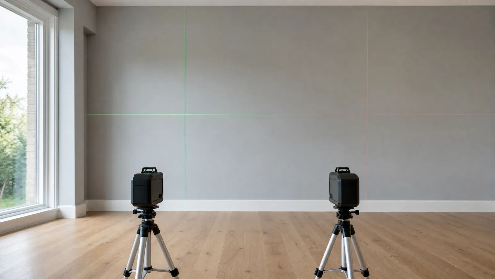Two identical cross-line laser levels on tripods projecting a bright green line and a fainter red line onto the same wall in a sunlit room