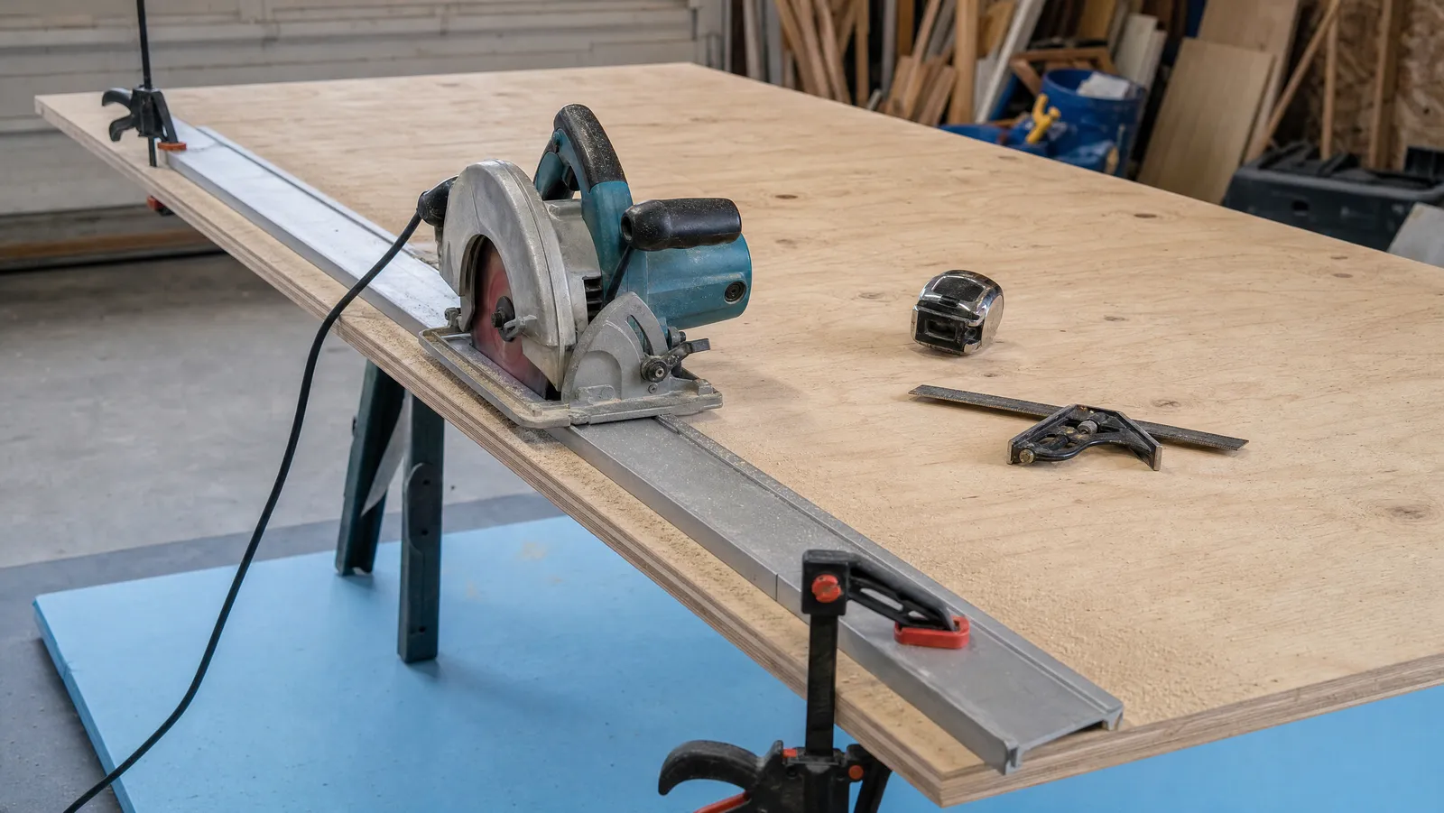 A circular saw partway through a rip cut with its shoe riding against a clamped aluminum straightedge on plywood supported on sawhorses over rigid foam