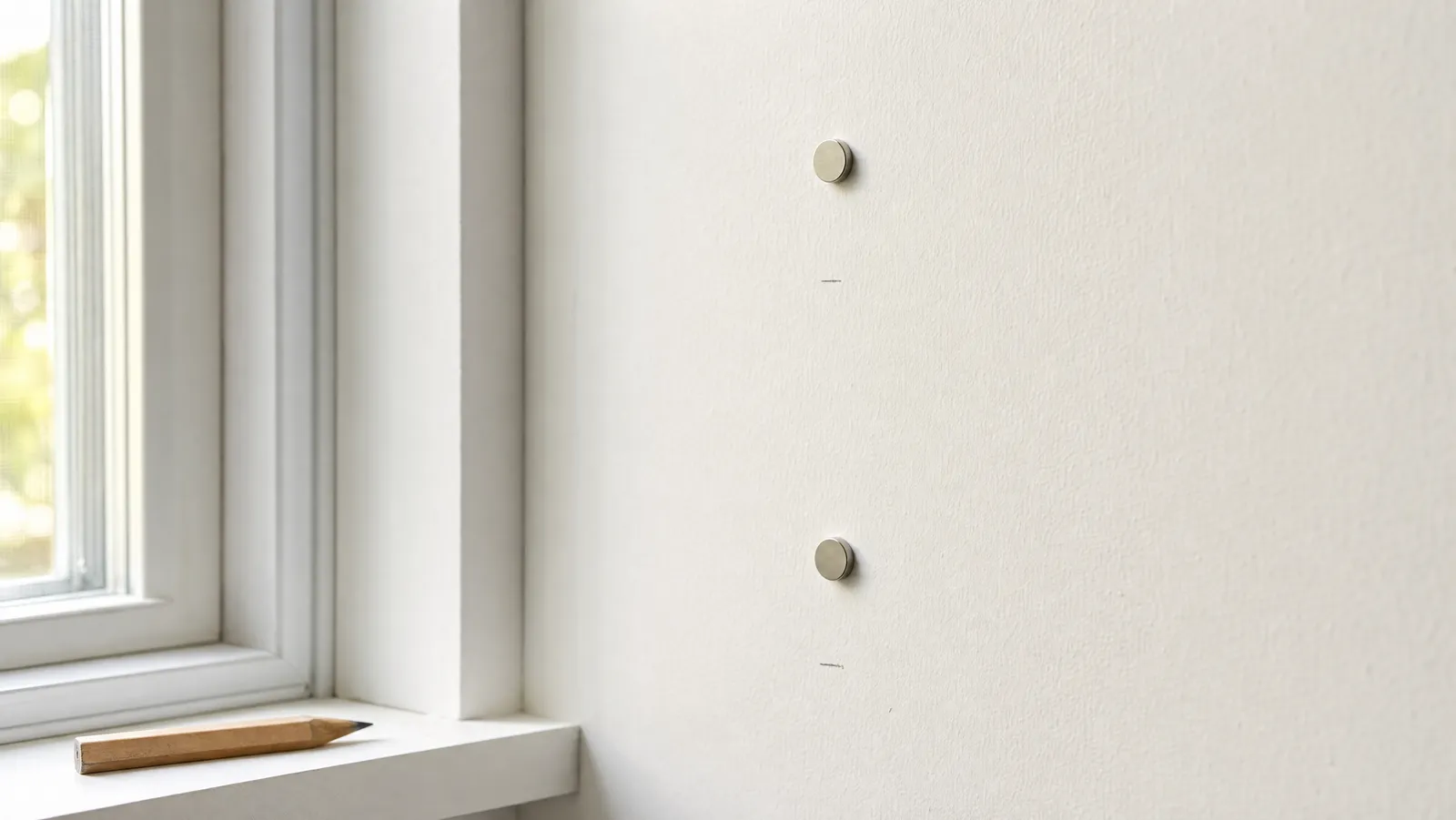 Two small magnets stuck one above the other on a painted wall where they have found drywall screws in a stud