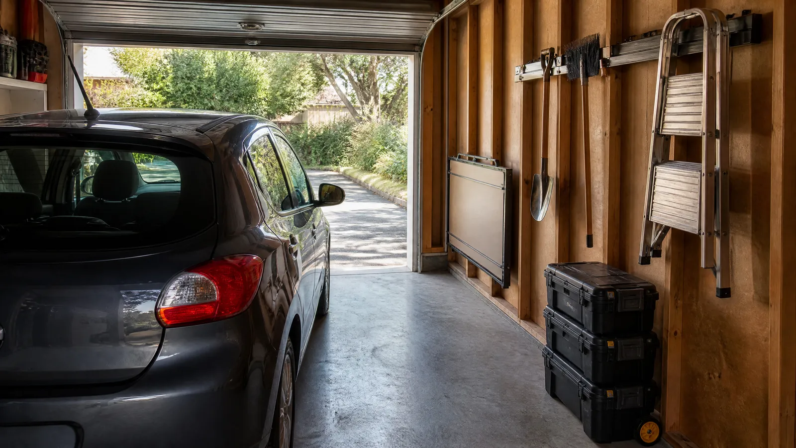 A single-car garage with a hatchback parked on one side and a stud-mounted storage rail, folded workbench and stack of rolling tool boxes along the opposite wall