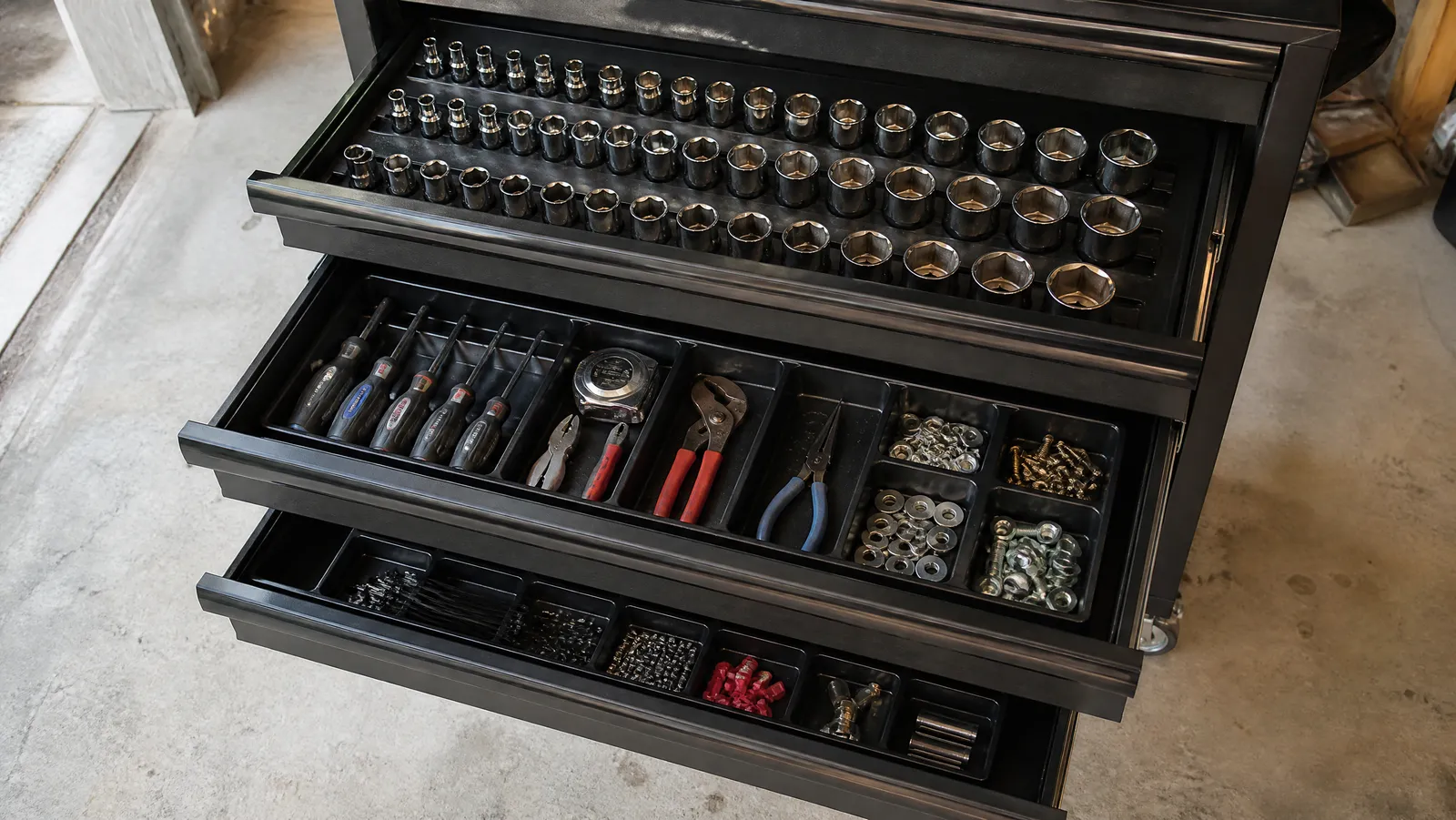 The open drawers of a black rolling tool chest, the top drawer holding chrome sockets in moulded rails and the drawer below divided into trays of screwdrivers, pliers and fasteners