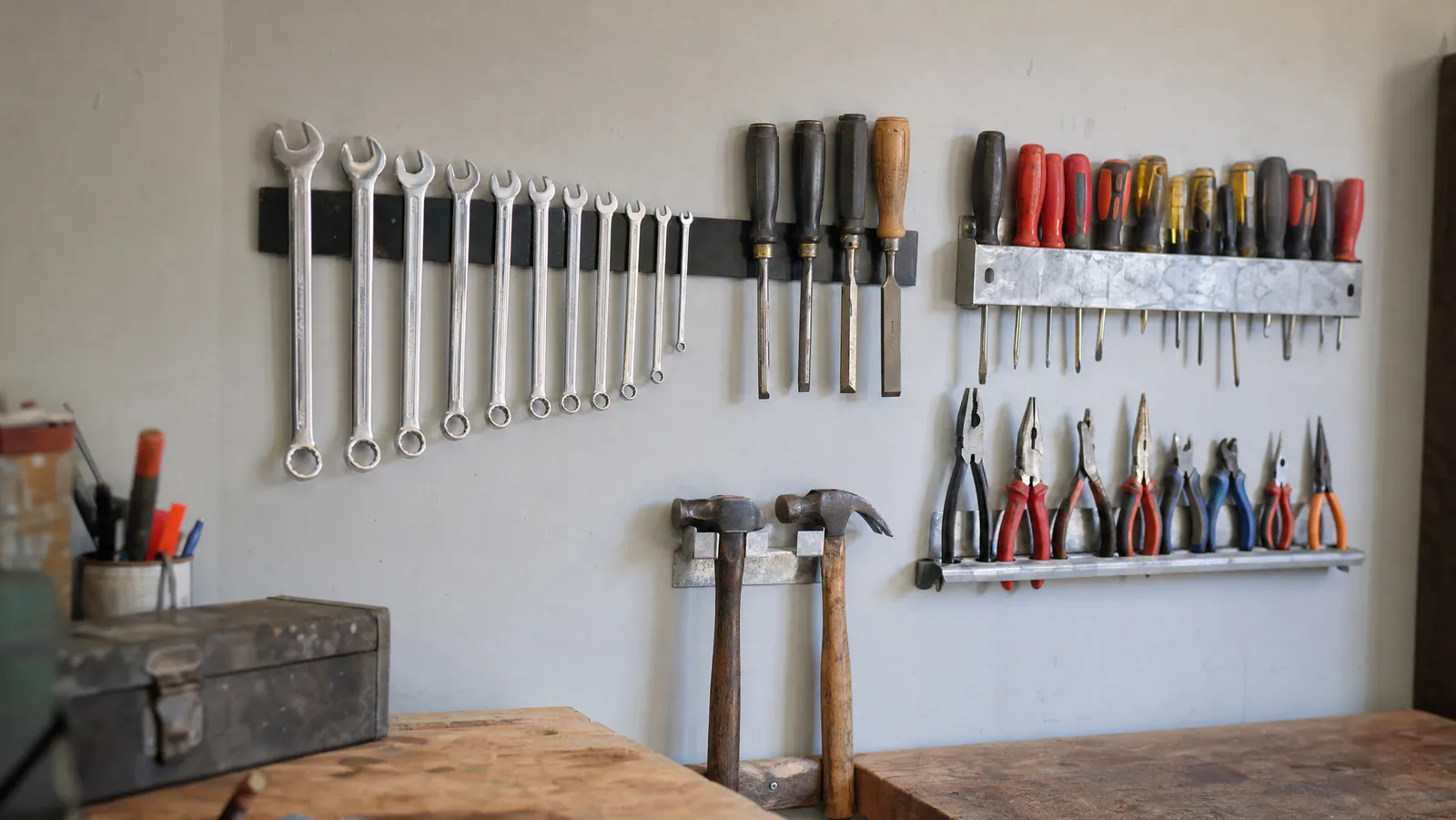 A garage wall above a wooden workbench with chrome combination wrenches held on a horizontal magnetic bar, screwdrivers standing in a galvanised steel holder, pliers hanging in size order and two claw hammers on a rack below