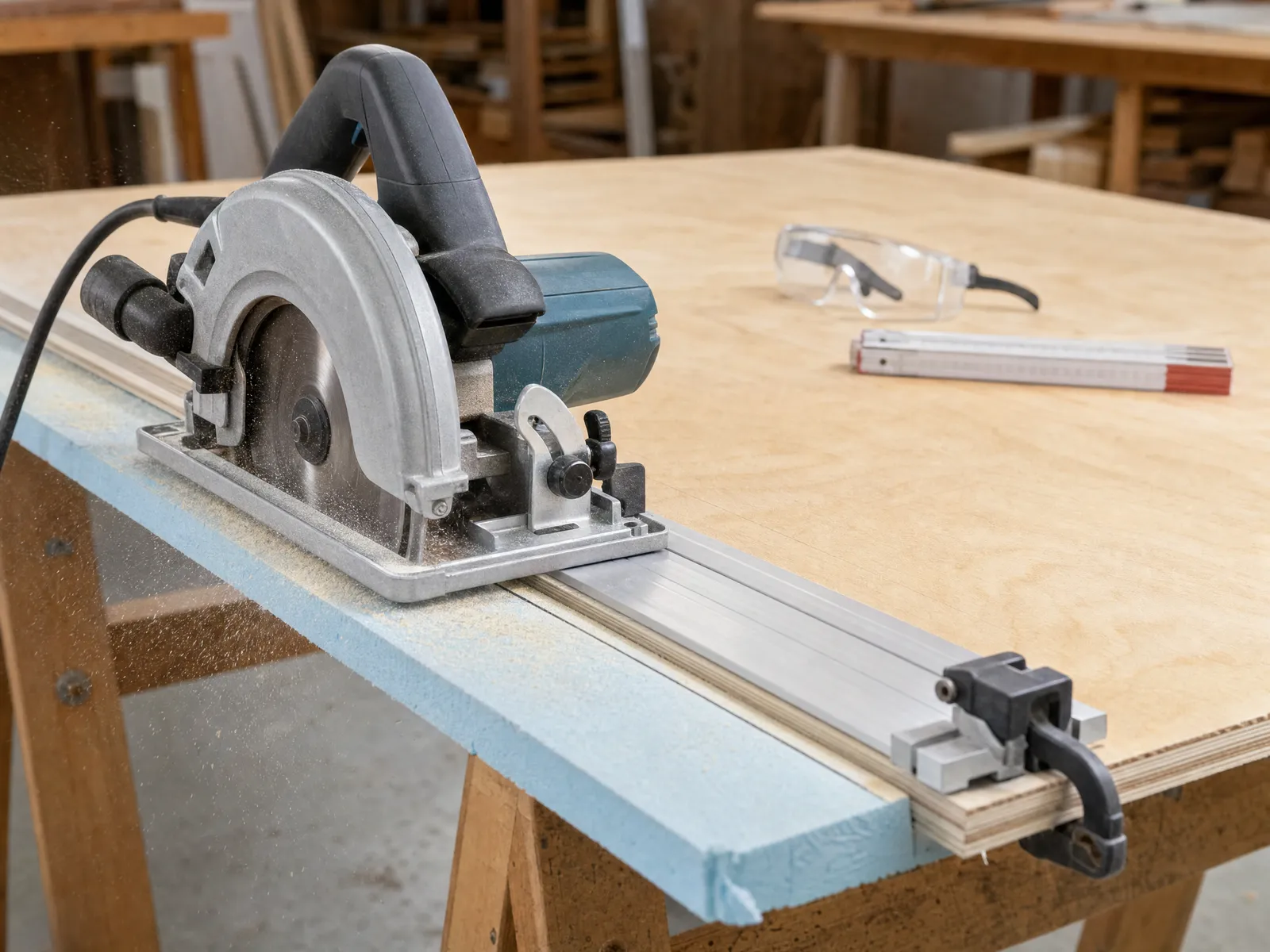 A circular saw beginning a cut along a clamped aluminum straight-edge guide on a sheet of plywood supported on sawhorses over rigid foam