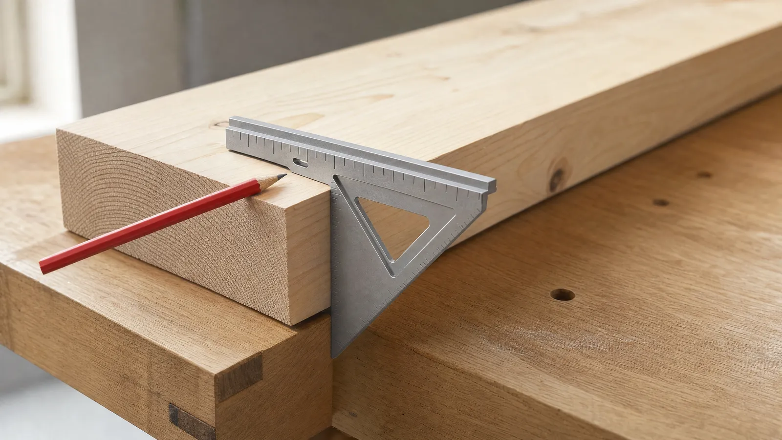 A speed square hooked by its fence over the edge of a pine board with a carpenter pencil alongside