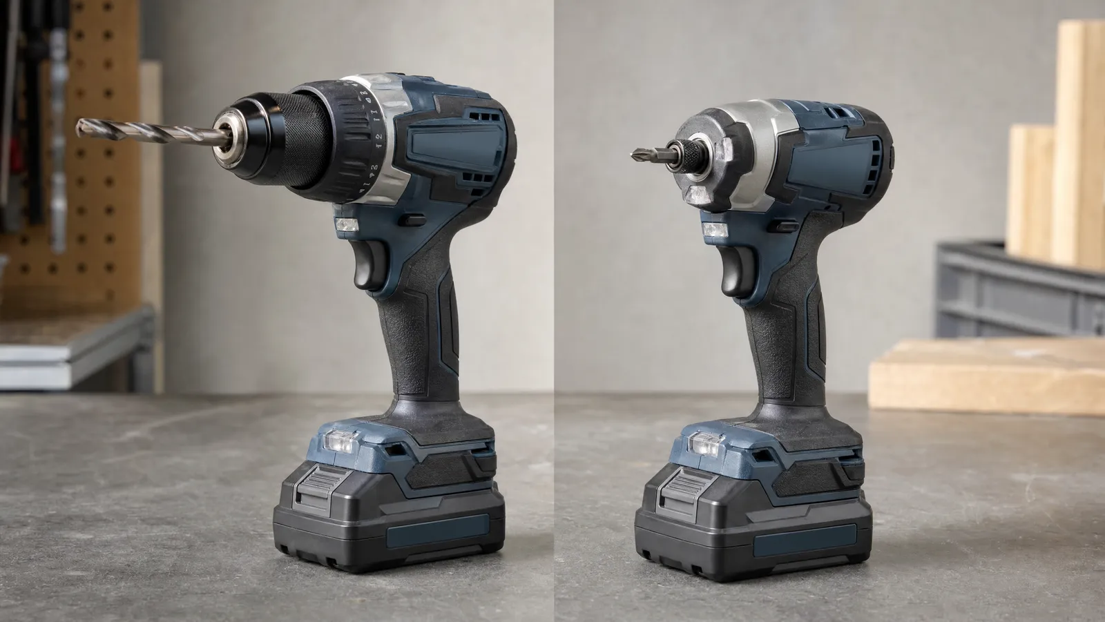 A cordless drill with a keyless chuck beside a cordless impact driver with a hex collet on a workbench