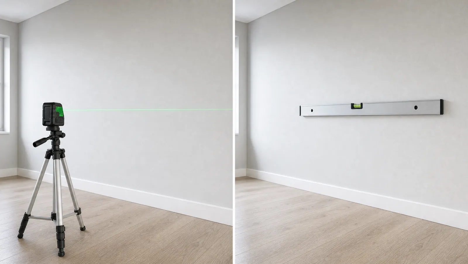 A green cross-line laser projecting a line across a wall beside a spirit level held flat against the same wall