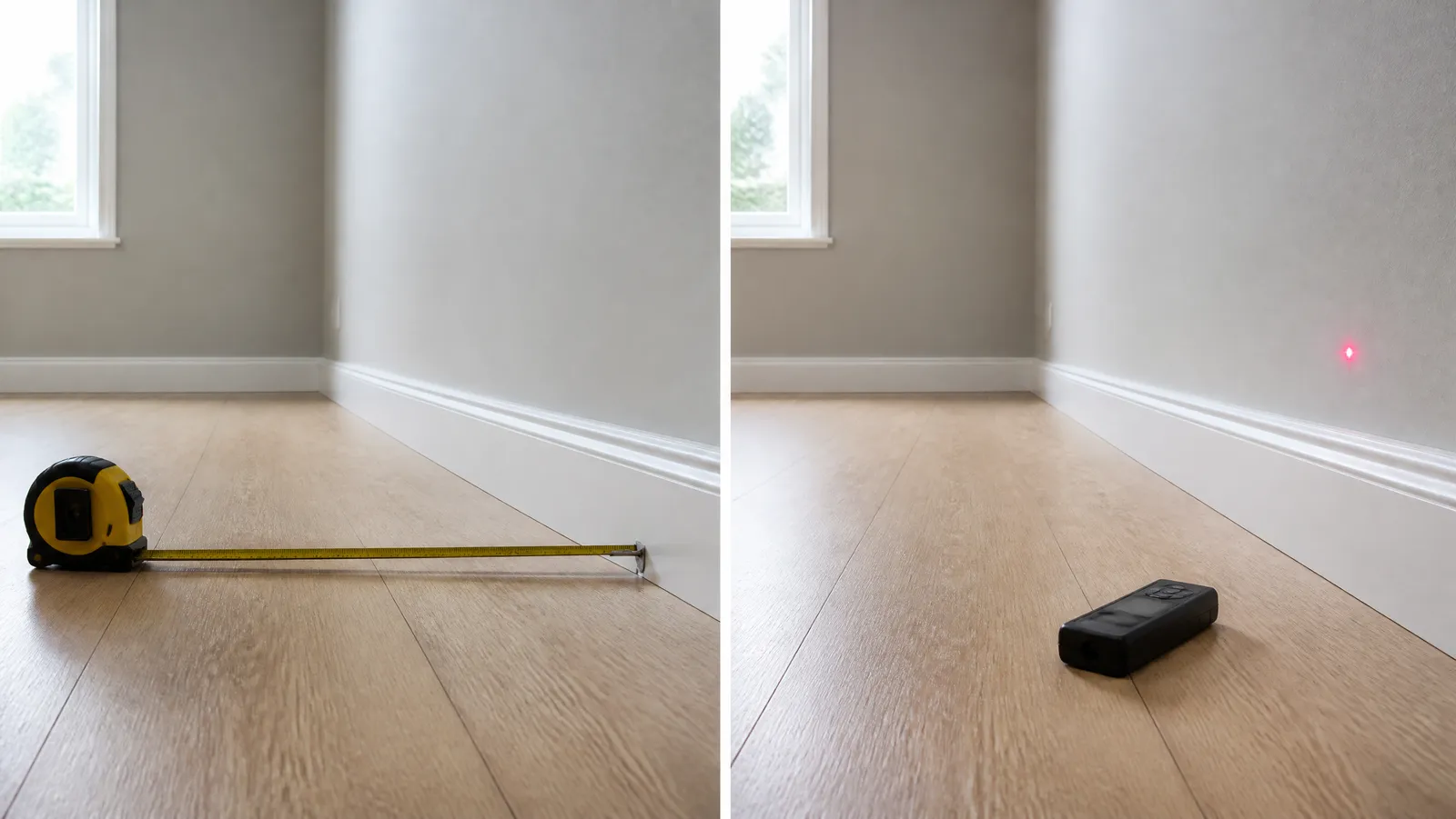 A tape measure extended across a wooden floor beside a handheld laser distance measurer aiming a red dot at the wall