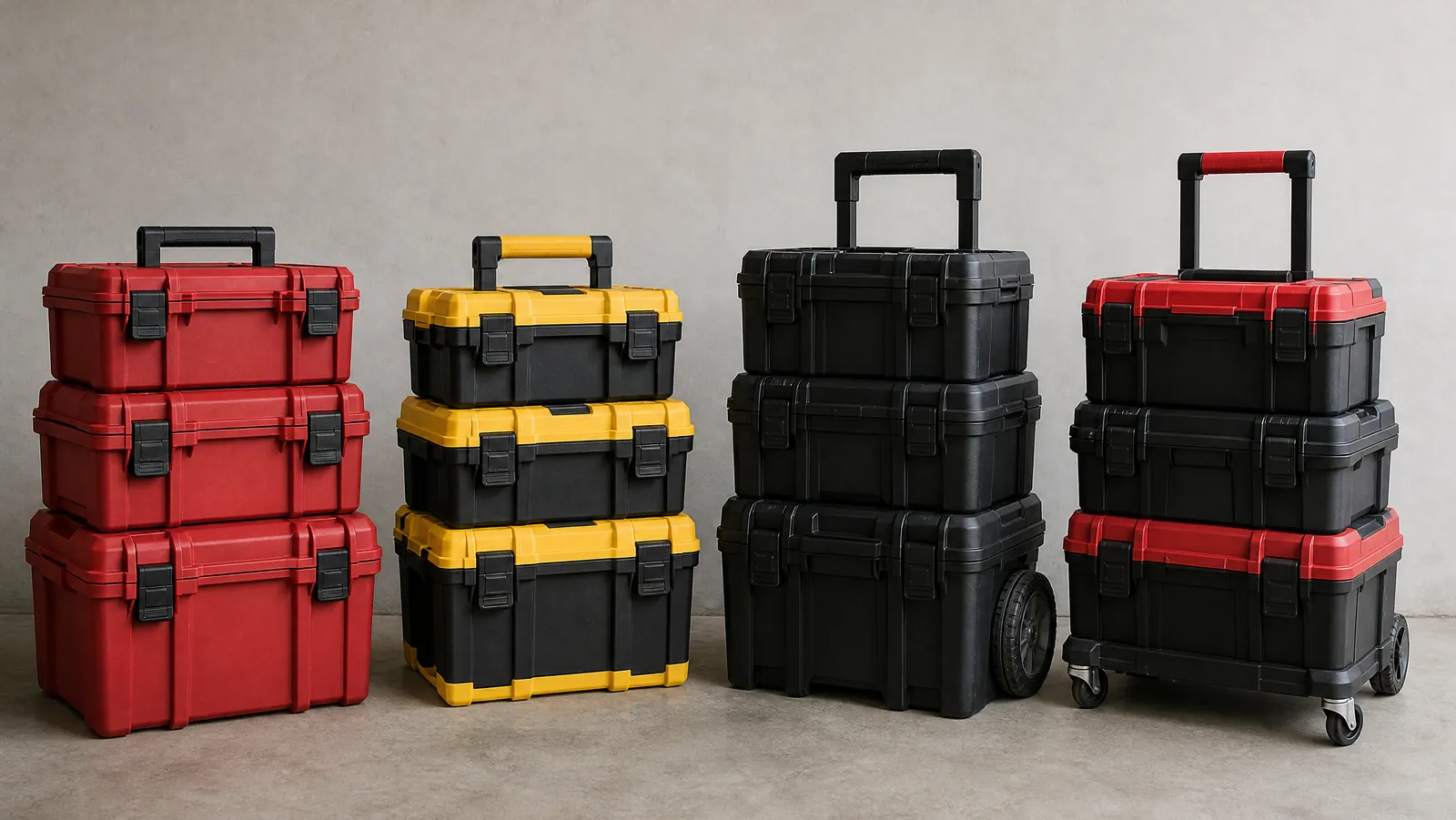 Four modular stacking tool box systems lined up side by side on a garage floor, each a stack of interlocking hard plastic cases in a different colour
