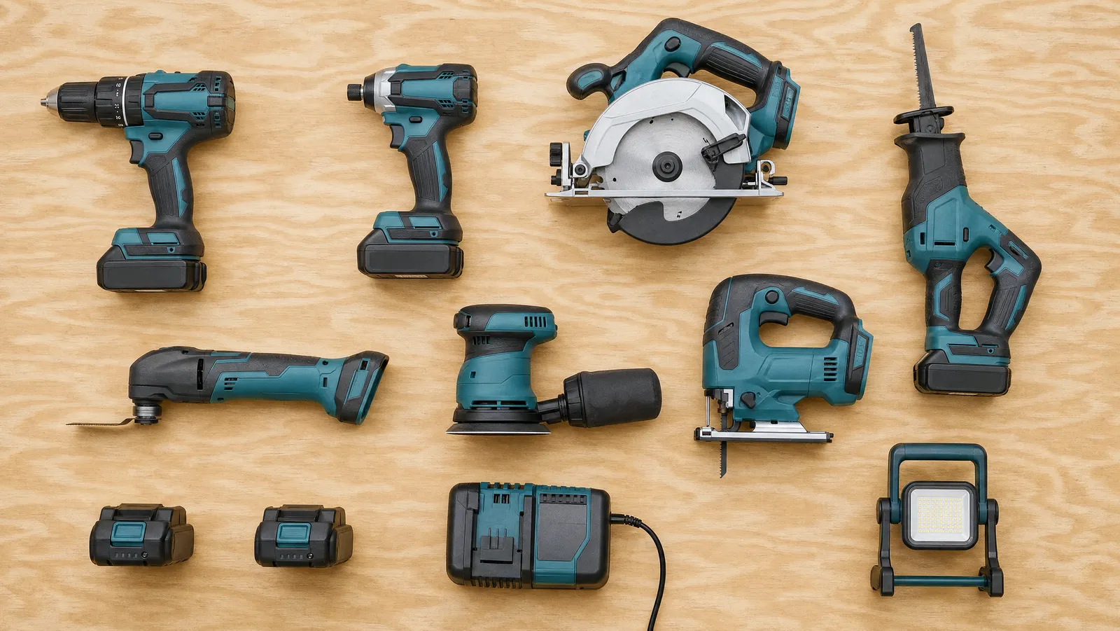 Eight essential cordless power tools laid out in a grid on plywood with two batteries and a charger