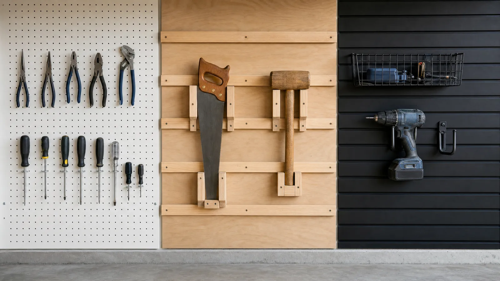 A garage wall showing three tool storage systems side by side: white pegboard holding pliers and screwdrivers, plywood French cleat rails holding a hand saw and mallet, and black slatwall with a wire basket and a cordless drill