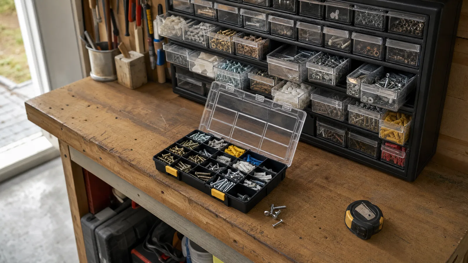 A wall-mounted black multi-drawer parts cabinet with several drawers pulled open to show screws and wall anchors sorted by size, and an open portable compartment organiser with a clear lid on the workbench below