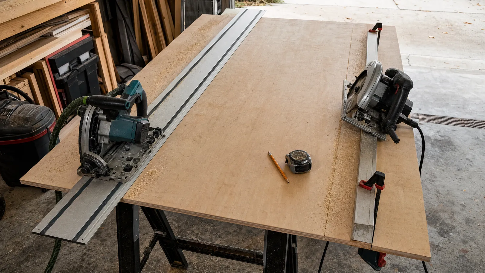 A plunge track saw on an aluminum guide rail beside a conventional circular saw with a separately clamped straightedge, both on a sheet of plywood across sawhorses
