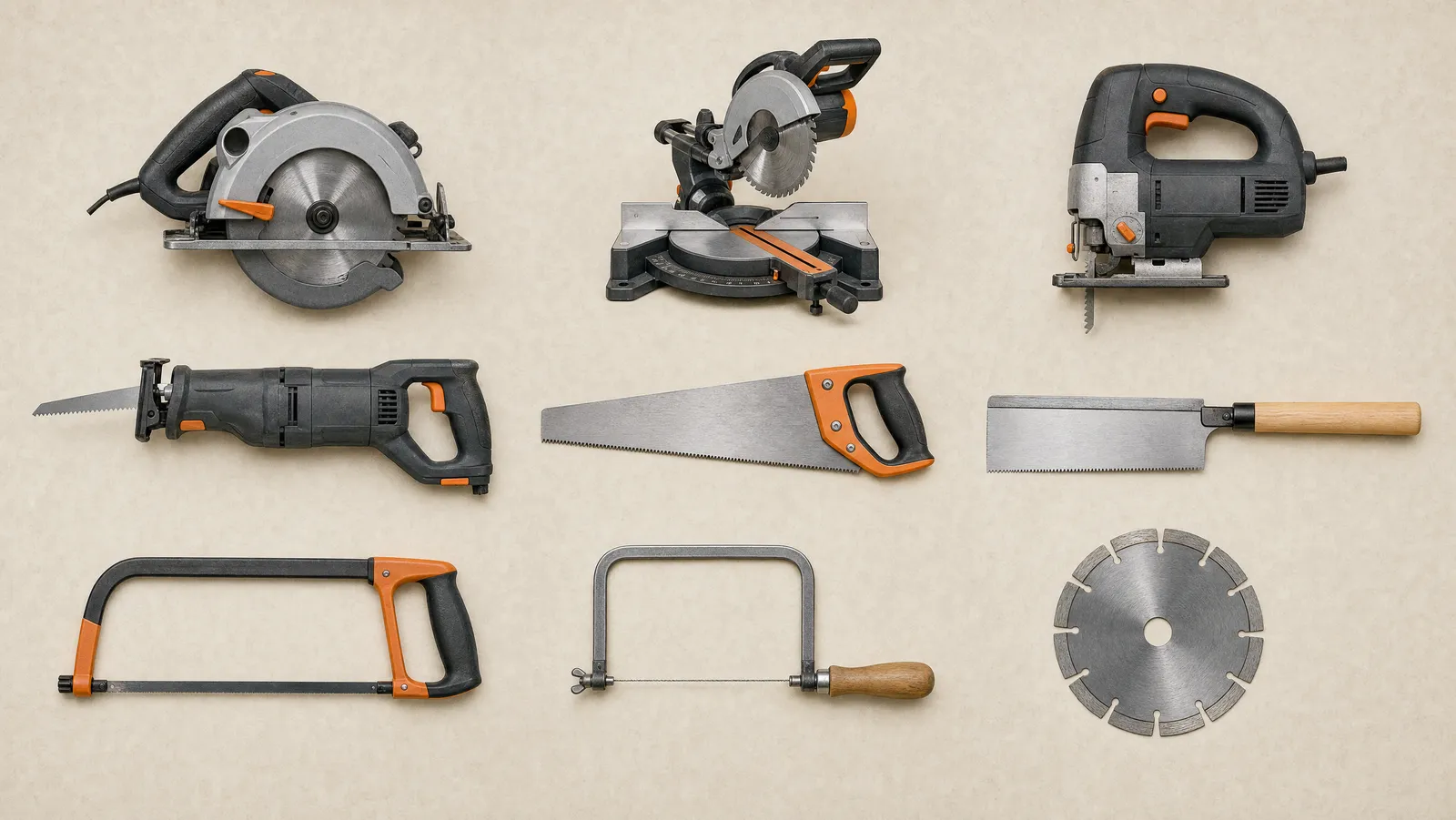 Nine different types of saw arranged in an evenly spaced grid as a visual reference chart